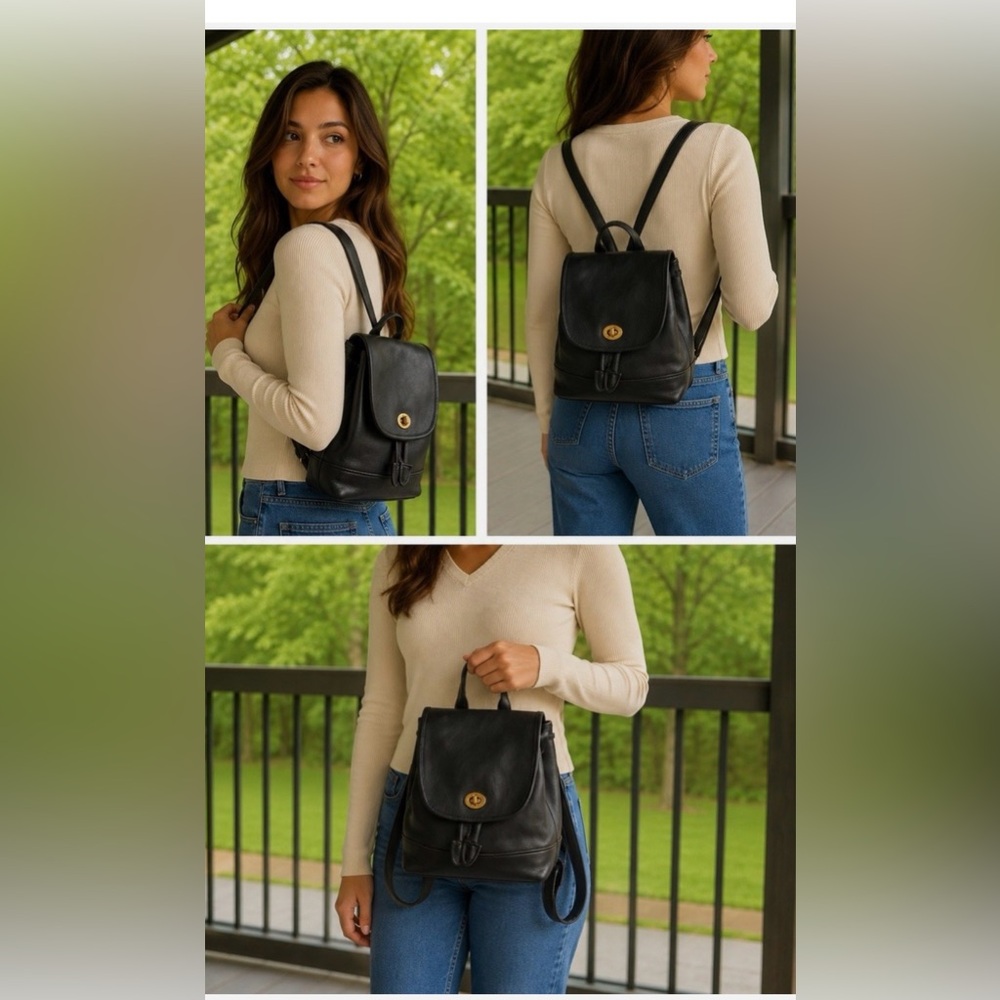Vintage Coach Rucksack Black Leather 9960 Daypack SN# E069-9960 9.5” x 7.25”